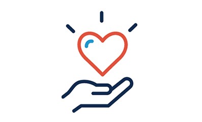 Illustrated blue hand palm up with a heart floating above it